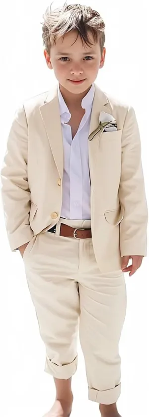 Boys Linen Suits Beach Wedding Suit Summer Slim Fit 2 Piece Kids Lightweight Linen Suit Jacket Pant Set