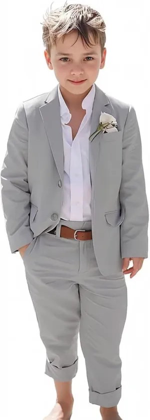 Boys Linen Suits Beach Wedding Suit Summer Slim Fit 2 Piece Kids Lightweight Linen Suit Jacket Pant Set