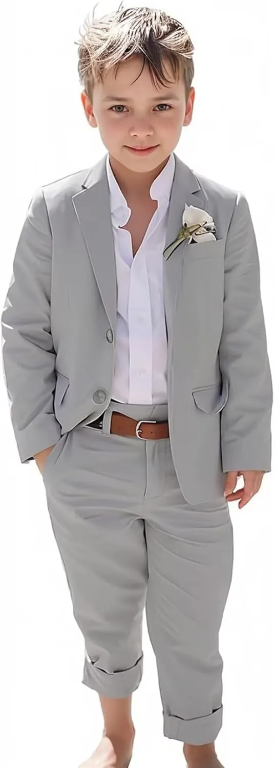 Boys Linen Suits Beach Wedding Suit Summer Slim Fit 2 Piece Kids Lightweight Linen Suit Jacket Pant Set