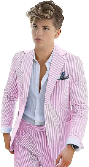 Boys Seersucker Suit 2 Piece Tuxedo for Boys Striped Blazer Pants Boys Summer Beach Wedding Suit