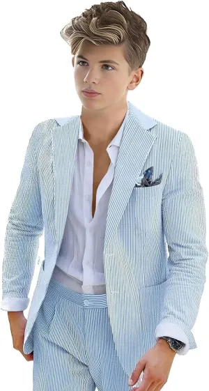 Boys Seersucker Suit 2 Piece Tuxedo for Boys Striped Blazer Pants Boys Summer Beach Wedding Suit