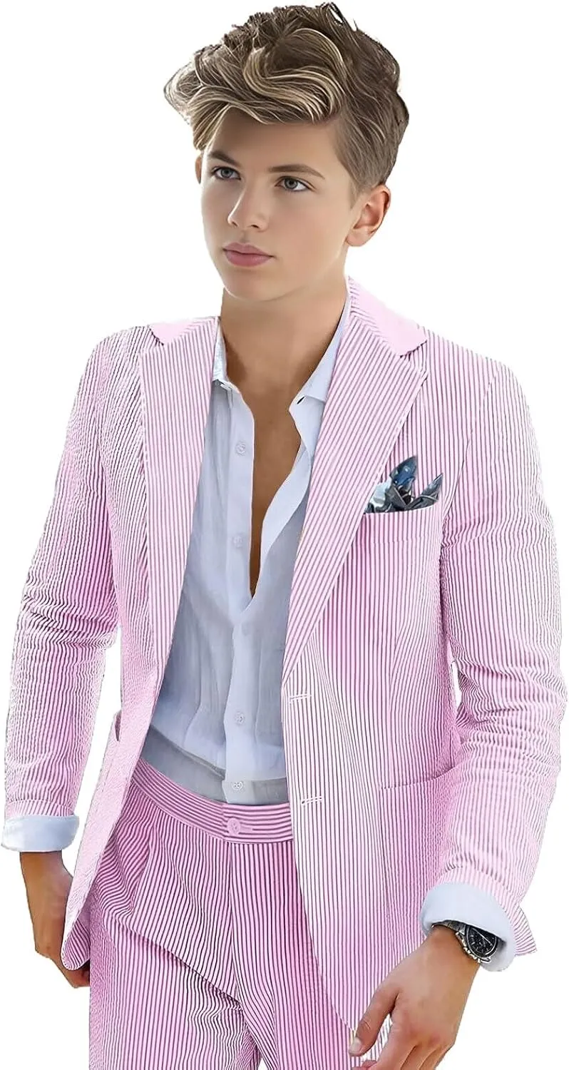 Boys Seersucker Suit 2 Piece Tuxedo for Boys Striped Blazer Pants Boys Summer Beach Wedding Suit