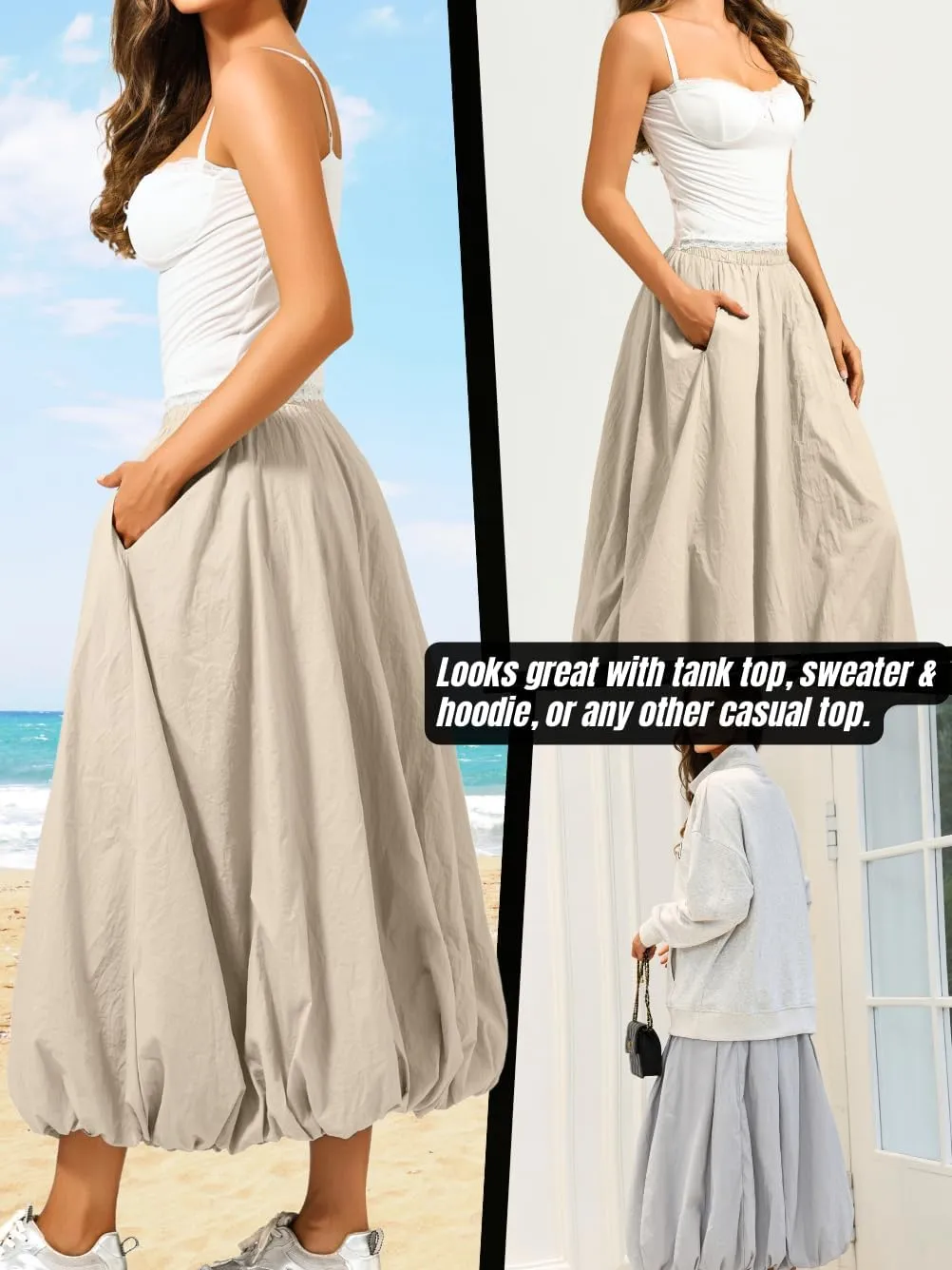 Bubble Midi Skirt with Pockets, Puffy Hem Maxi Long Skirts for Women, Balloon Going Out Concert Outfits
