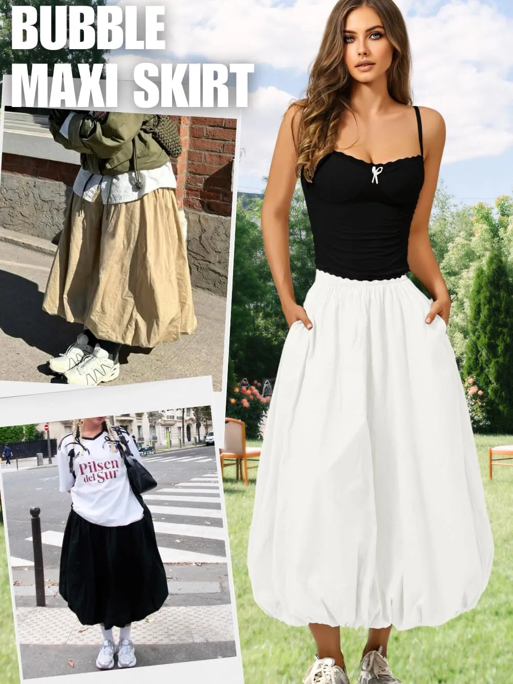 Bubble Midi Skirt with Pockets, Puffy Hem Maxi Long Skirts for Women, Balloon Going Out Concert Outfits