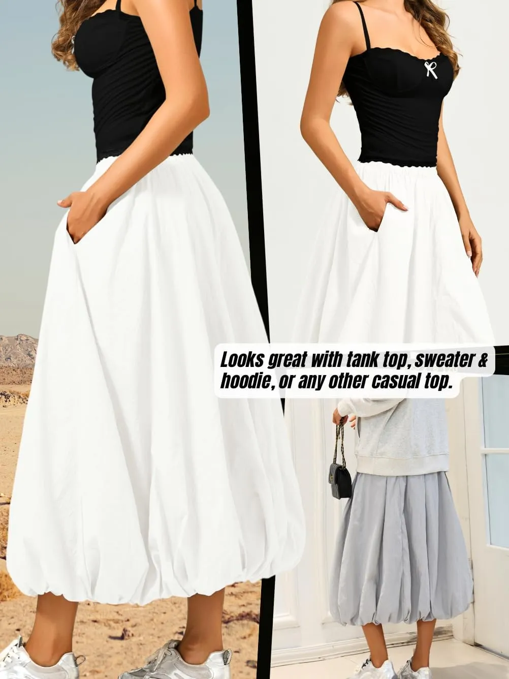 Bubble Midi Skirt with Pockets, Puffy Hem Maxi Long Skirts for Women, Balloon Going Out Concert Outfits