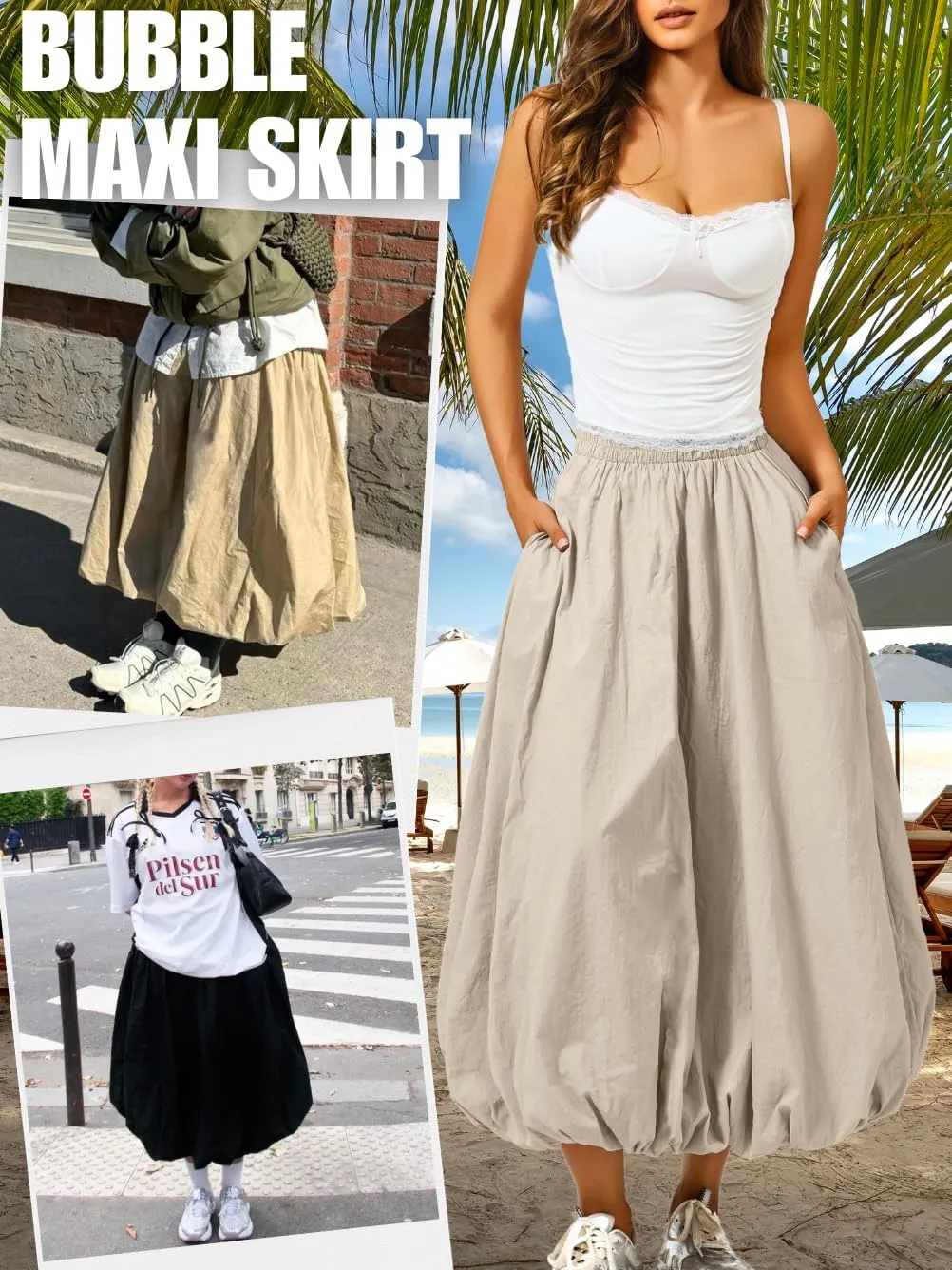 Bubble Midi Skirt with Pockets, Puffy Hem Maxi Long Skirts for Women, Balloon Going Out Concert Outfits