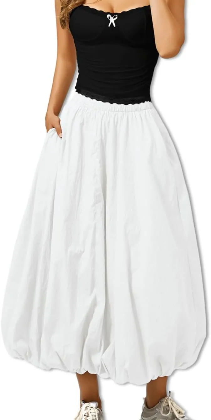Bubble Midi Skirt with Pockets, Puffy Hem Maxi Long Skirts for Women, Balloon Going Out Concert Outfits