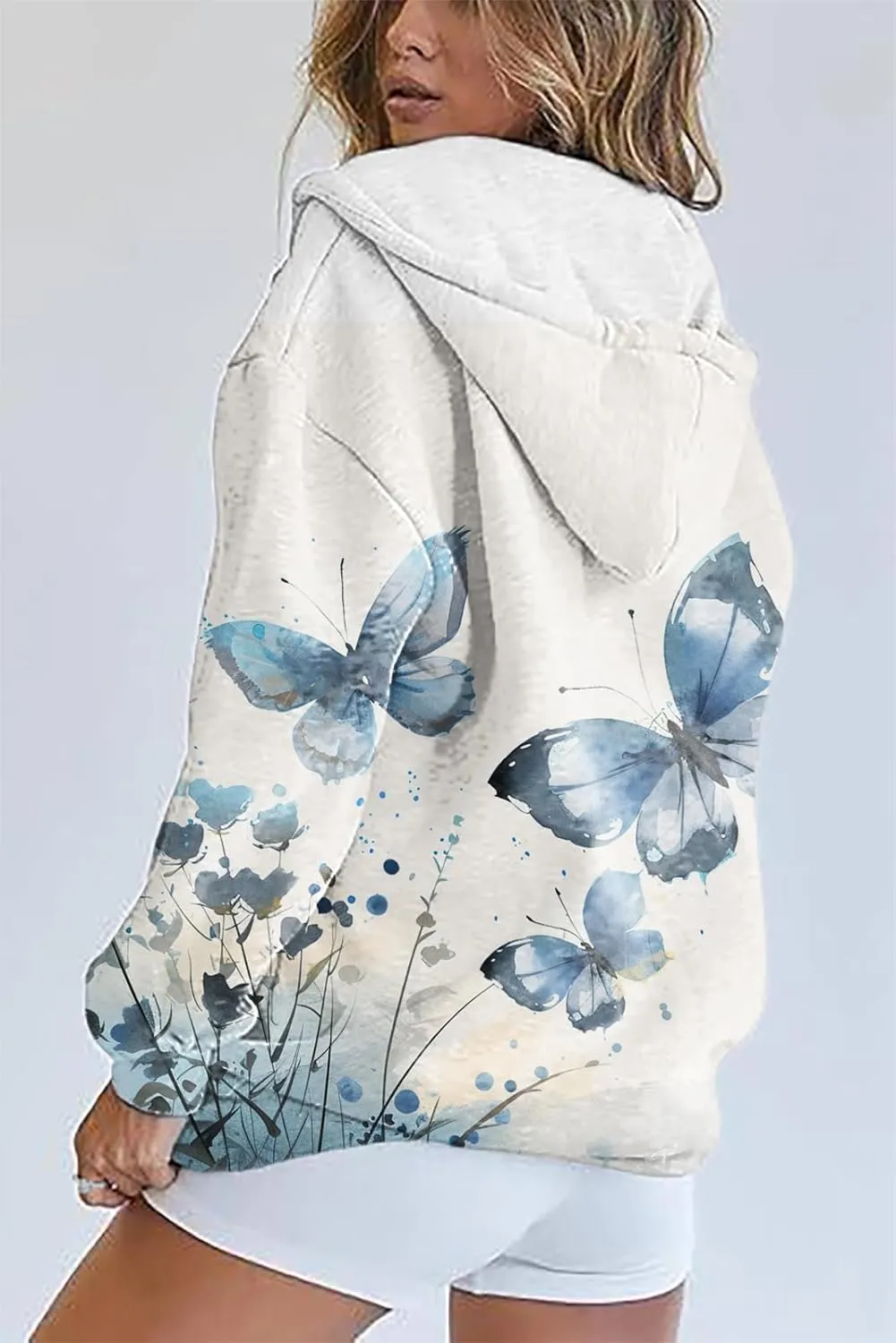 Butterfly Zip up Hoodie Women Oversized Trendy Graphic Zipper Hooded Sweatshirt Casual Fall Y2k Long Sleeve Drawstring Coats