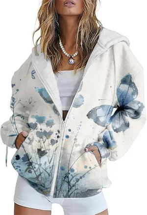 Butterfly Zip up Hoodie Women Oversized Trendy Graphic Zipper Hooded Sweatshirt Casual Fall Y2k Long Sleeve Drawstring Coats