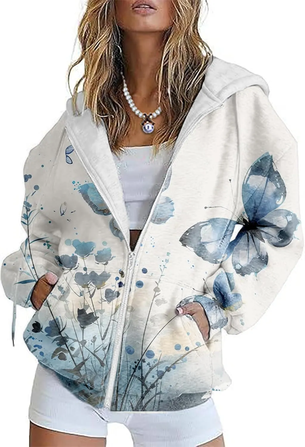 Butterfly Zip up Hoodie Women Oversized Trendy Graphic Zipper Hooded Sweatshirt Casual Fall Y2k Long Sleeve Drawstring Coats
