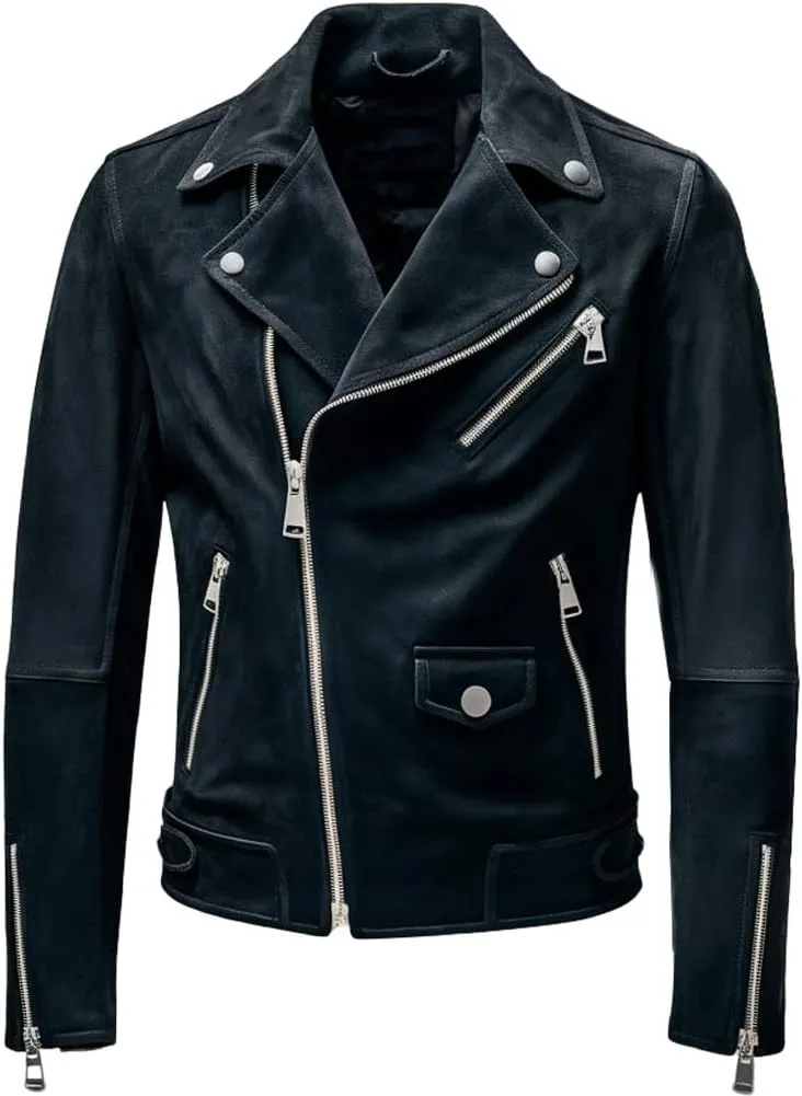 Buy & Catch Online Store Genuine Black Suede Leather Moto Jacket Men - Classic Motorcycle Brando Real Suede Leather Jacket