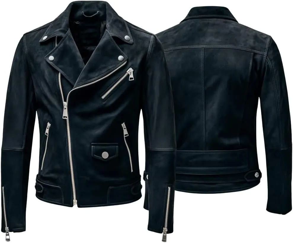Buy & Catch Online Store Genuine Black Suede Leather Moto Jacket Men - Classic Motorcycle Brando Real Suede Leather Jacket
