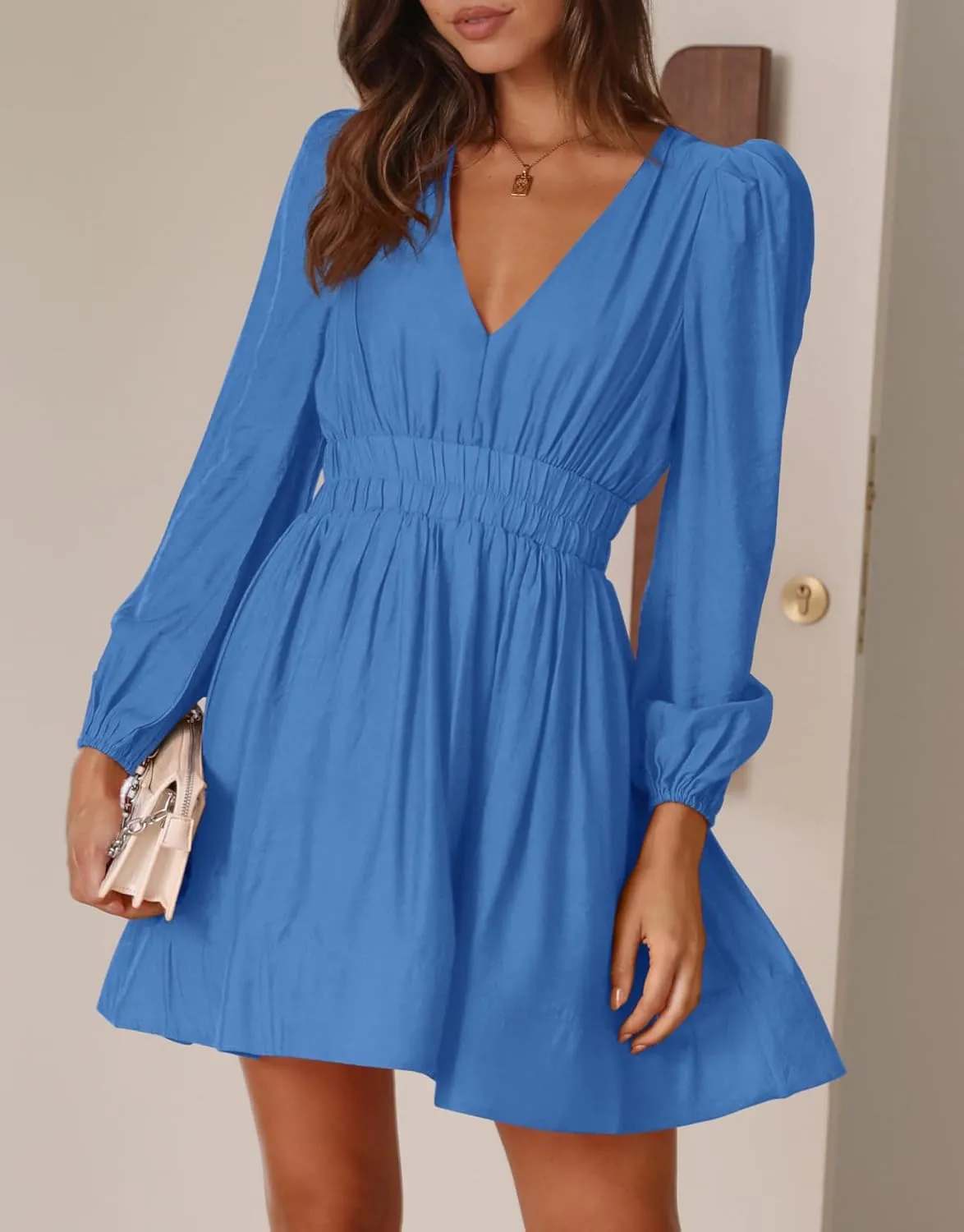 BWQ Women Mini Dress Long Sleeve Deep V Sexy Dress A-line Elastic High Waisted Flowy Dress