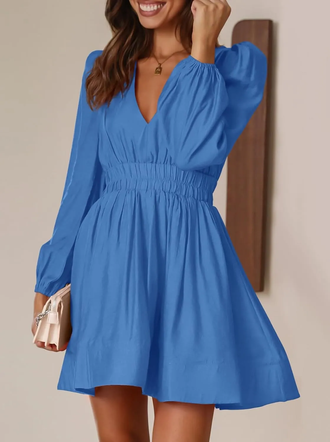 BWQ Women Mini Dress Long Sleeve Deep V Sexy Dress A-line Elastic High Waisted Flowy Dress