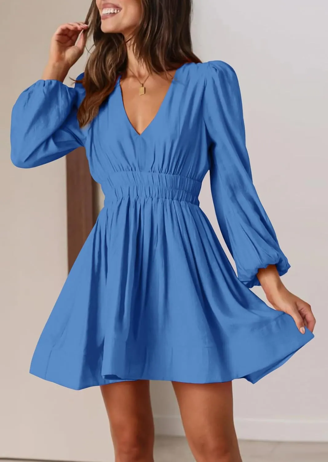 BWQ Women Mini Dress Long Sleeve Deep V Sexy Dress A-line Elastic High Waisted Flowy Dress