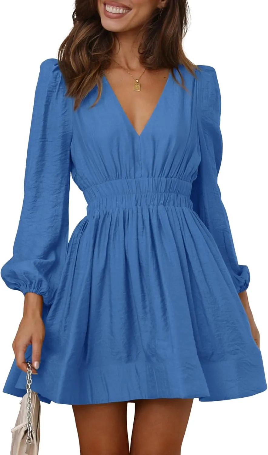 BWQ Women Mini Dress Long Sleeve Deep V Sexy Dress A-line Elastic High Waisted Flowy Dress
