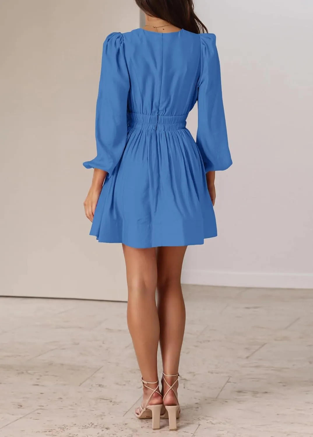 BWQ Women Mini Dress Long Sleeve Deep V Sexy Dress A-line Elastic High Waisted Flowy Dress