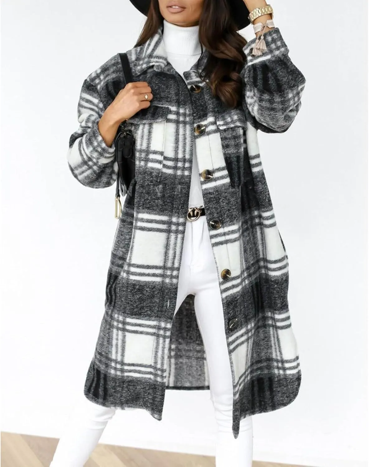 Canbebig Women's Long Plaid Shirt Jacket Shacket Lapel Button Woolen Blend Coat Single Breasted Flannel Tartan Trench Coat