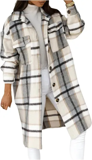 Canbebig Women's Long Plaid Shirt Jacket Shacket Lapel Button Woolen Blend Coat Single Breasted Flannel Tartan Trench Coat