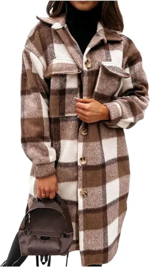 Canbebig Women's Long Plaid Shirt Jacket Shacket Lapel Button Woolen Blend Coat Single Breasted Flannel Tartan Trench Coat