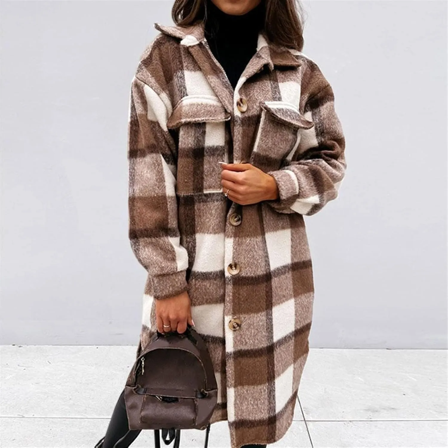 Canbebig Women's Long Plaid Shirt Jacket Shacket Lapel Button Woolen Blend Coat Single Breasted Flannel Tartan Trench Coat