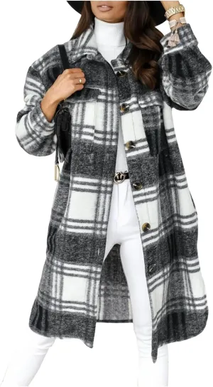 Canbebig Women's Long Plaid Shirt Jacket Shacket Lapel Button Woolen Blend Coat Single Breasted Flannel Tartan Trench Coat