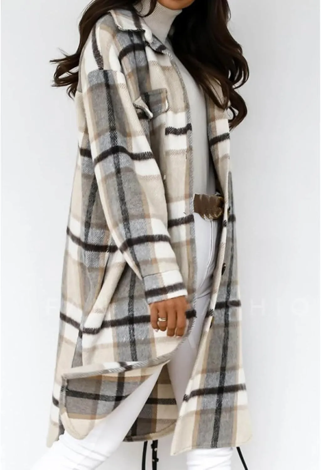 Canbebig Women's Long Plaid Shirt Jacket Shacket Lapel Button Woolen Blend Coat Single Breasted Flannel Tartan Trench Coat