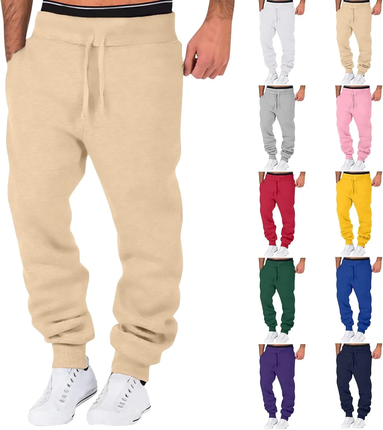 Cargo Pants for Men Big and Tall Men's Elastic Waist Drawstring Long Pants Solid Color Pockets Casual Loose Trousers