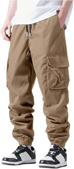 Cargo Pants for Men Multi Pockets Cinch Bottom Elastic Waist Hiking Pants Drawstring Lightweight Tactical Trousers