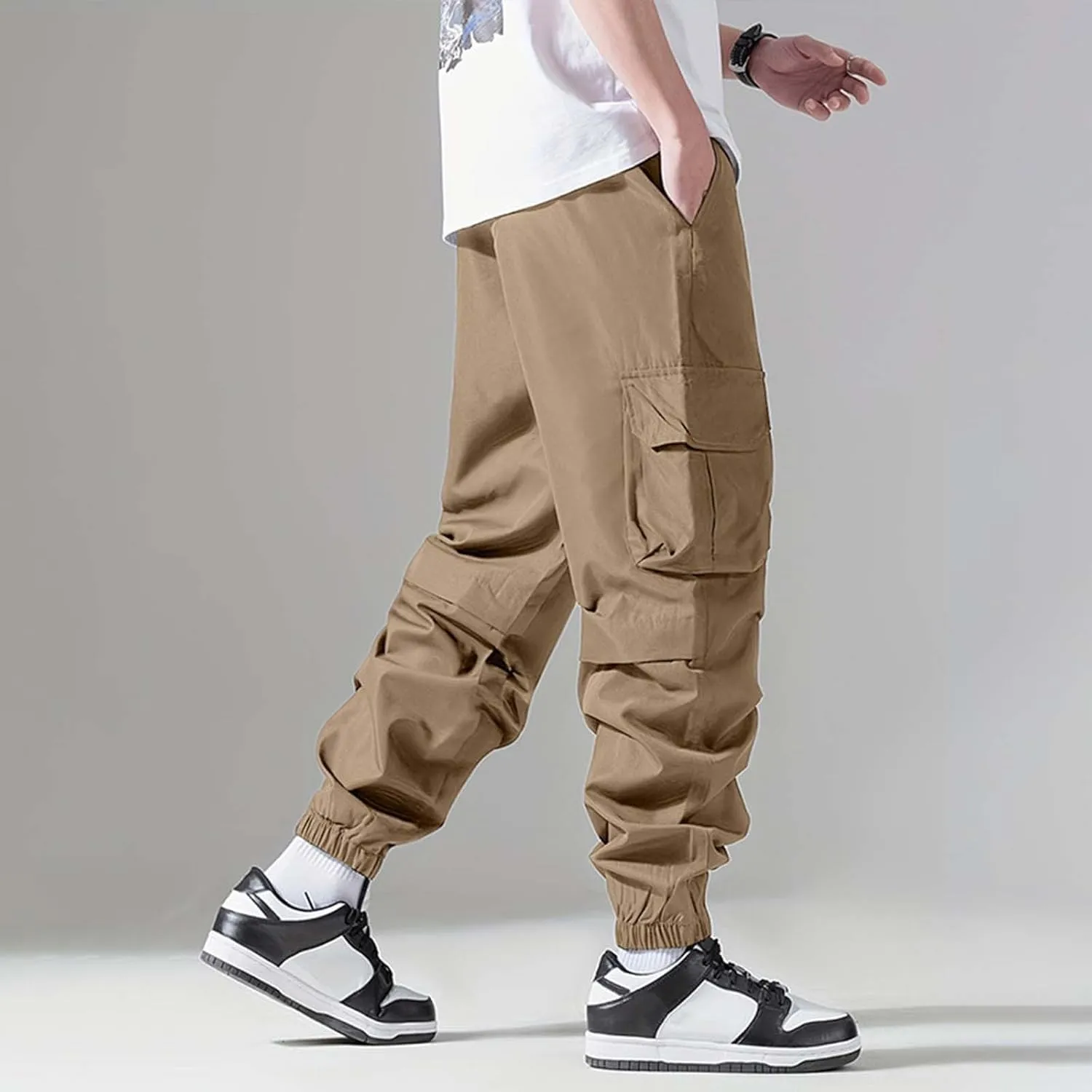 Cargo Pants for Men Multi Pockets Cinch Bottom Elastic Waist Hiking Pants Drawstring Lightweight Tactical Trousers
