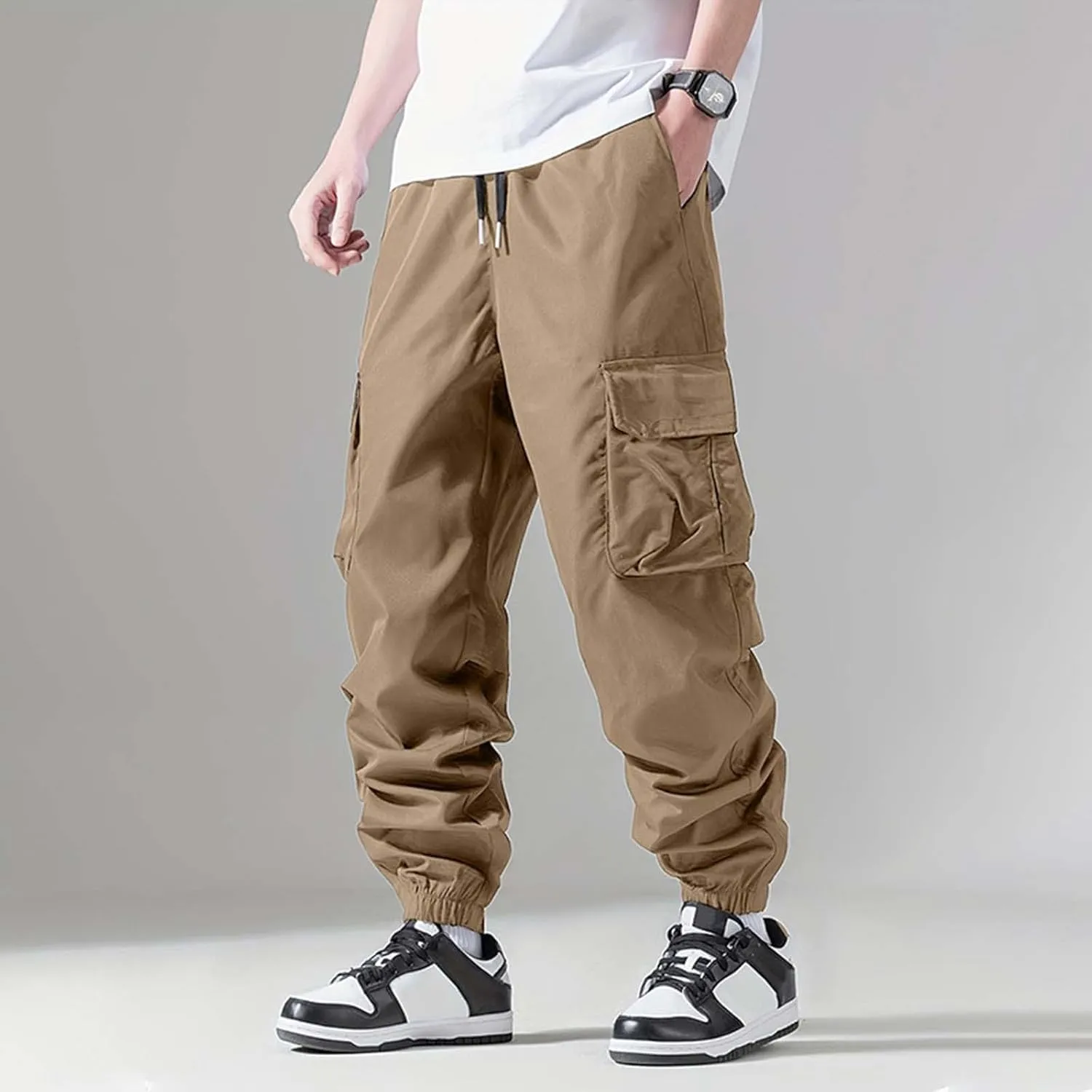 Cargo Pants for Men Multi Pockets Cinch Bottom Elastic Waist Hiking Pants Drawstring Lightweight Tactical Trousers