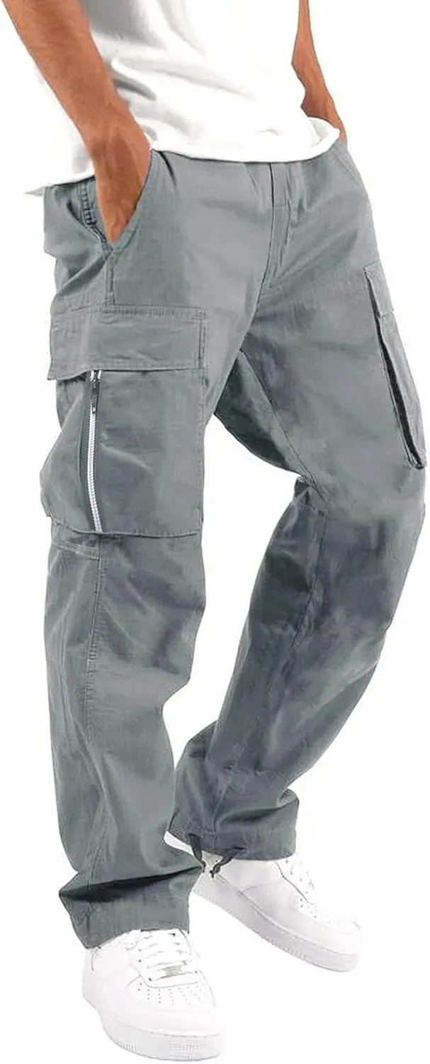 Cargo Pants for Men Work Multiple Pockets Y2K Drawstring Waist Athletic Hiking Pants Lightweight Comfy Trousers Cargo Work Pants for Men Grey XL