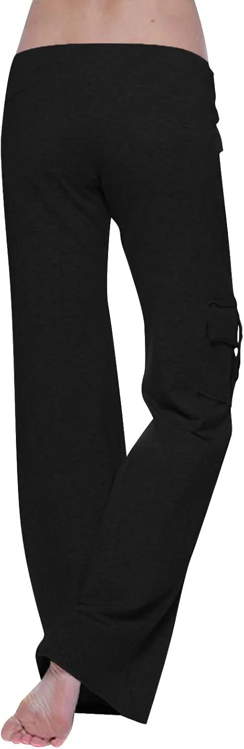 Cargo Pants Women Flare Leg Workout Pants Plus Size Yoga Pants with Pockets Drawstring High Waist Pants Casual Trouser