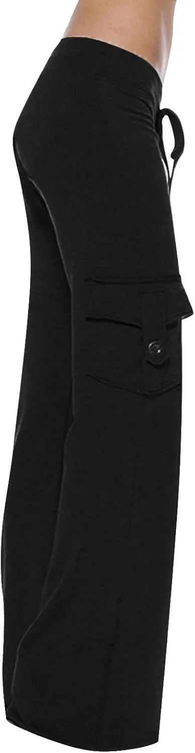Cargo Pants Women Flare Leg Workout Pants Plus Size Yoga Pants with Pockets Drawstring High Waist Pants Casual Trouser