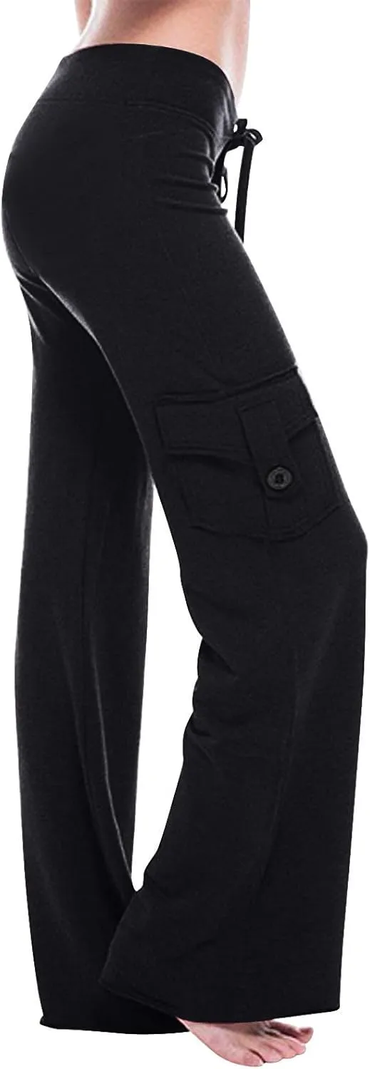 Cargo Pants Women Flare Leg Workout Pants Plus Size Yoga Pants with Pockets Drawstring High Waist Pants Casual Trouser