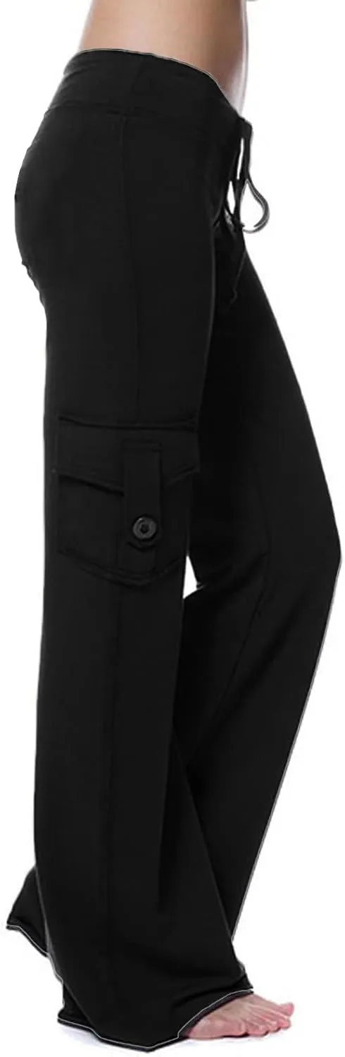 Cargo Pants Women Flare Leg Workout Pants Plus Size Yoga Pants with Pockets Drawstring High Waist Pants Casual Trouser