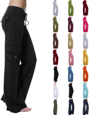Cargo Pants Women Plus Size Stretchy Flare Yoga Leggings Palazzo Casual Drawstring Wide Leg Pants with Side Pockets