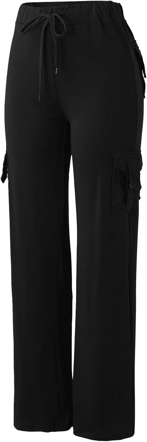 Cargo Pants Women Plus Size Stretchy Flare Yoga Leggings Palazzo Casual Drawstring Wide Leg Pants with Side Pockets