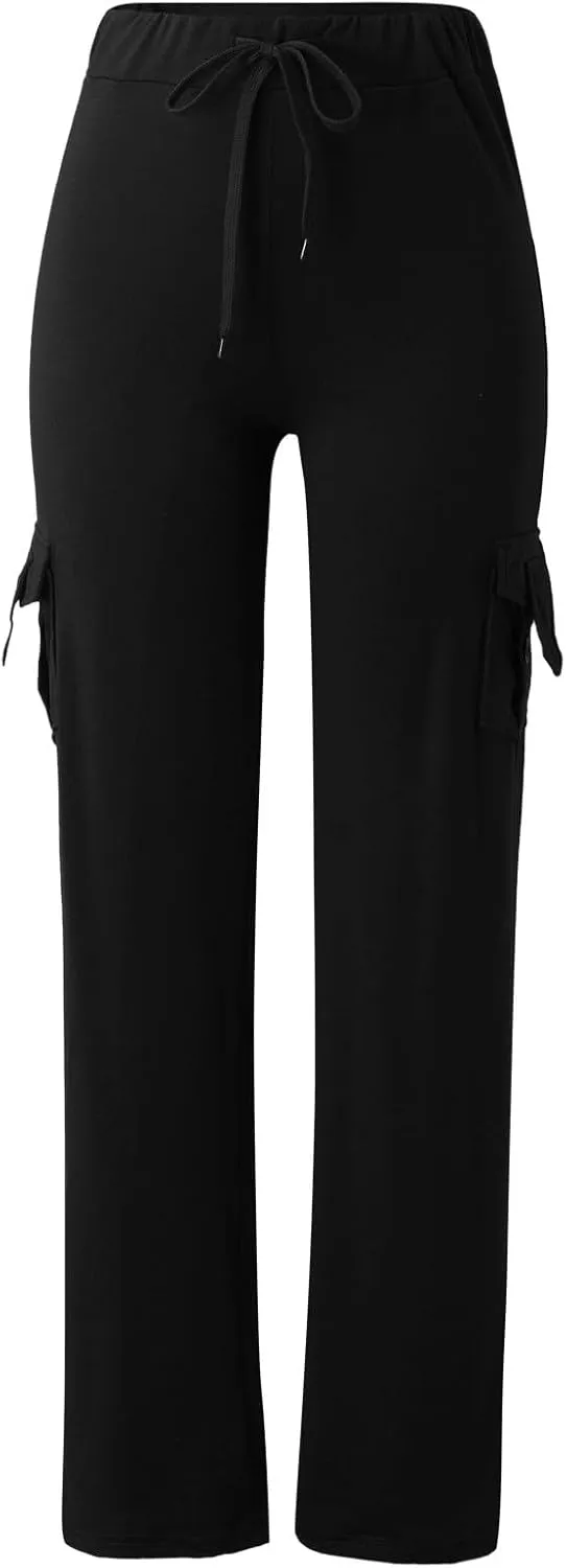 Cargo Pants Women Plus Size Stretchy Flare Yoga Leggings Palazzo Casual Drawstring Wide Leg Pants with Side Pockets