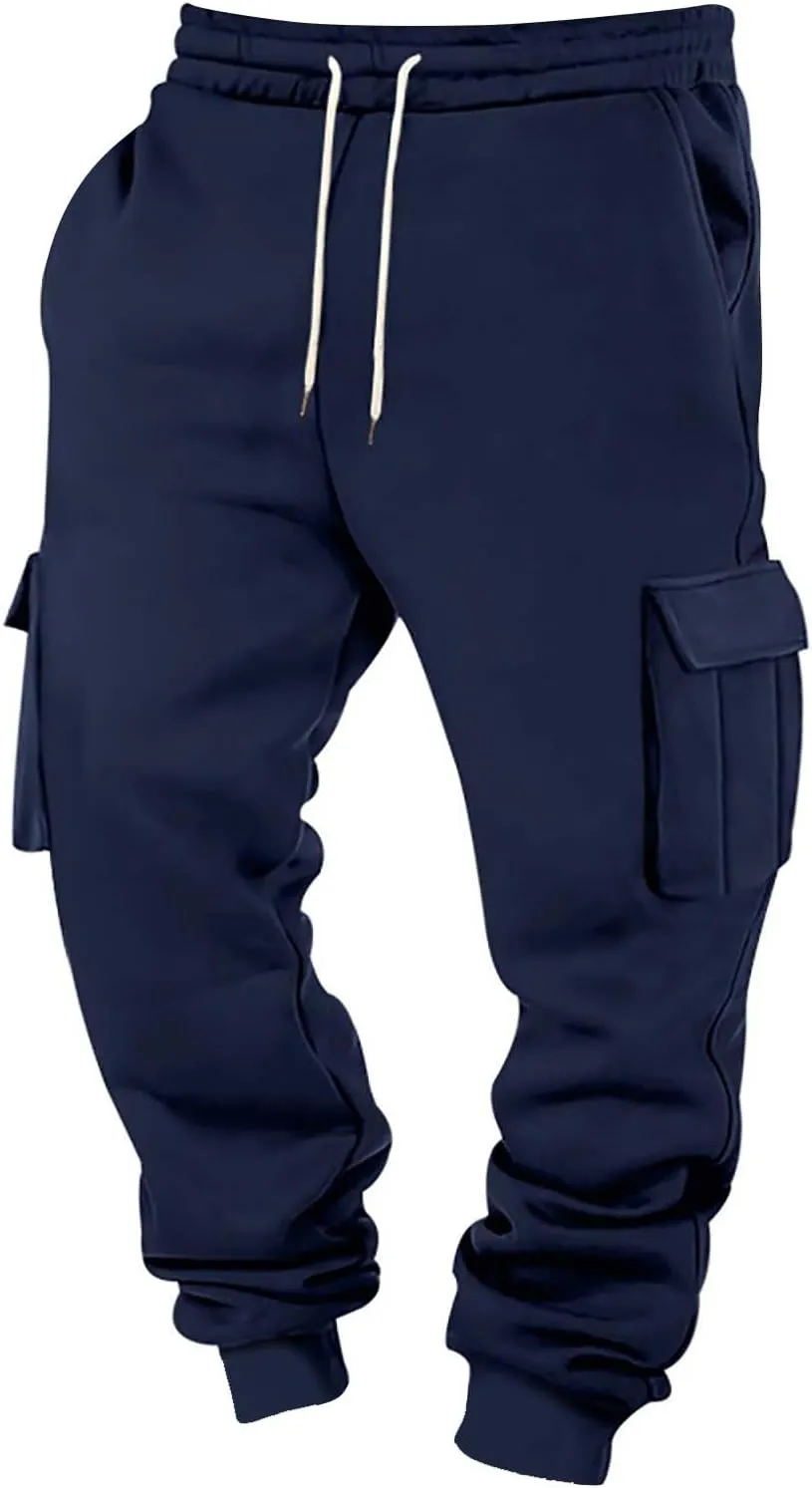 Cargo Sweatpants for Men Drawstring Elastic Waist Fleece Joggers with Pockets Athletic Workout Baggy Sweatpants