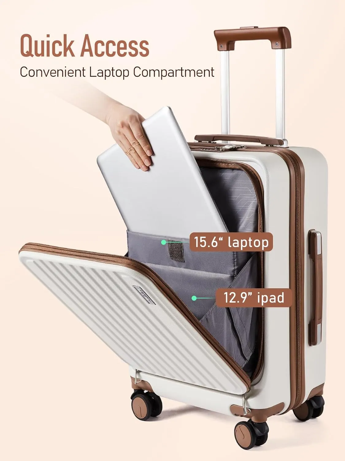 Carry on Luggage 22x14x9 Airline Approved, 20 Inch Carry on Luggage with Front Compartment, Travel Carry on Suitcase Lightweight with Wheels Beige with Brown (TSA Approved)