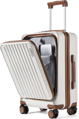 Carry on Luggage 22x14x9 Airline Approved, 20 Inch Carry on Luggage with Front Compartment, Travel Carry on Suitcase Lightweight with Wheels Beige with Brown (TSA Approved)