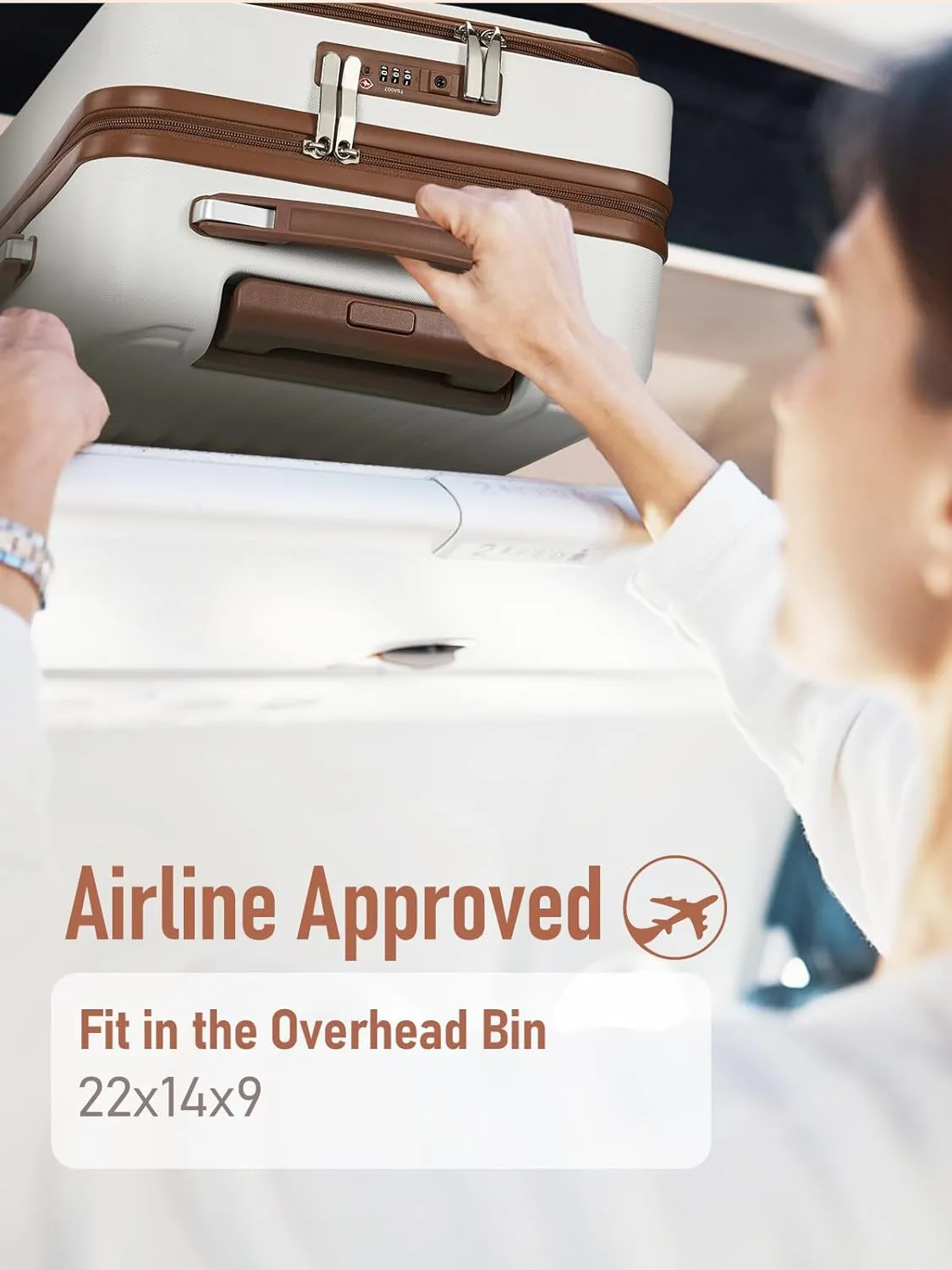 Carry on Luggage 22x14x9 Airline Approved, 20 Inch Carry on Luggage with Front Compartment, Travel Carry on Suitcase Lightweight with Wheels Beige with Brown (TSA Approved)