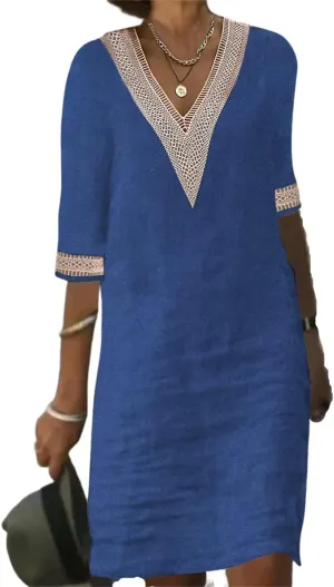 Casual Cotton Linen Dress for Women Summer V Neck Lace Trim Half Sleeve Solid Loose Midi Dress