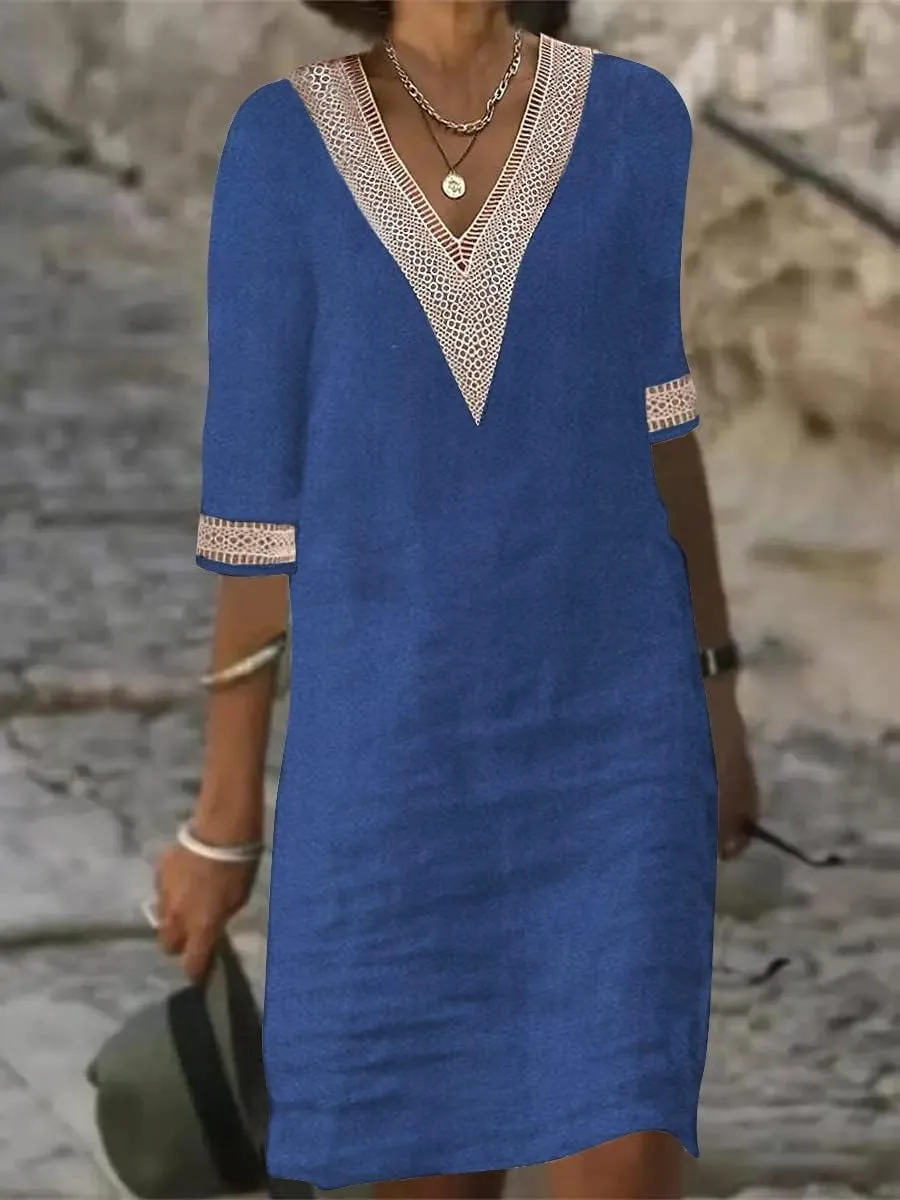 Casual Cotton Linen Dress for Women Summer V Neck Lace Trim Half Sleeve Solid Loose Midi Dress