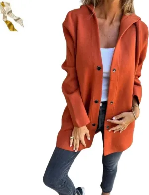 Casual Single Breasted Hooded Jacket,Lapel Neck Long Sleeve Solid Color Trench Coat for Women,Winter Button Up Long Overcoat