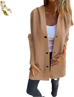Casual Single Breasted Hooded Jacket,Lapel Neck Long Sleeve Solid Color Trench Coat for Women,Winter Button Up Long Overcoat