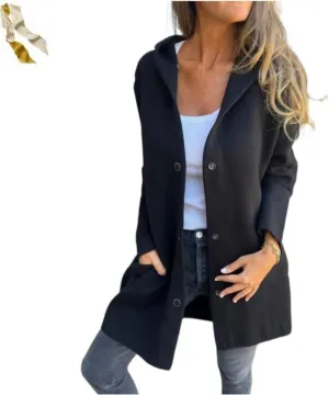 Casual Single Breasted Hooded Jacket,Lapel Neck Long Sleeve Solid Color Trench Coat for Women,Winter Button Up Long Overcoat