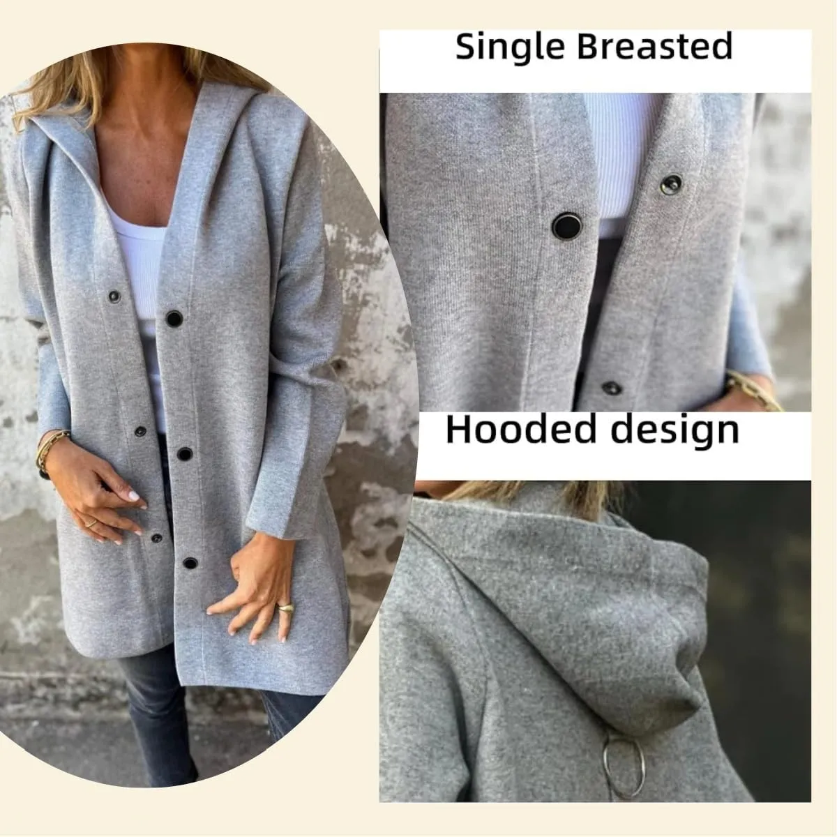 Casual Single Breasted Hooded Jacket,Lapel Neck Long Sleeve Solid Color Trench Coat for Women,Winter Button Up Long Overcoat