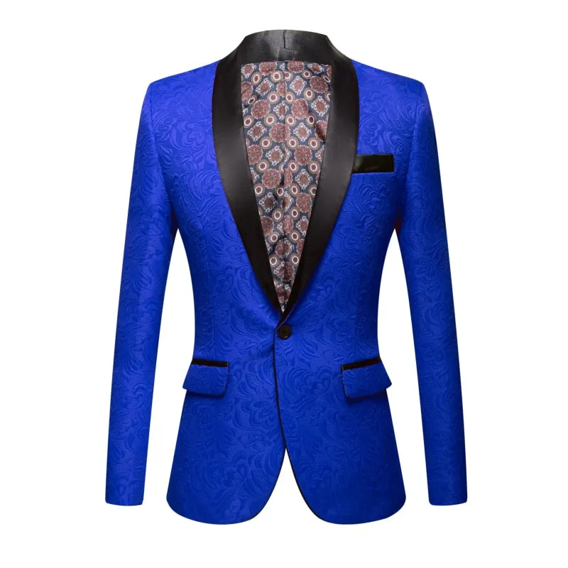 CGSUITS Men's Fashion Luxury Style Jacquard Royal Blue & Black Tuxedo Blazer Suit Jacket